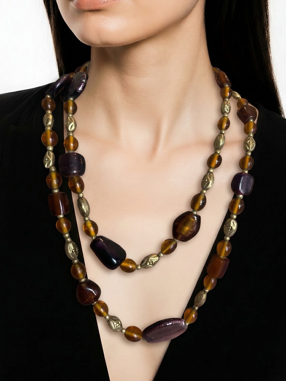 Elegant Multi-Strand Amber and Amethyst Beaded Necklace